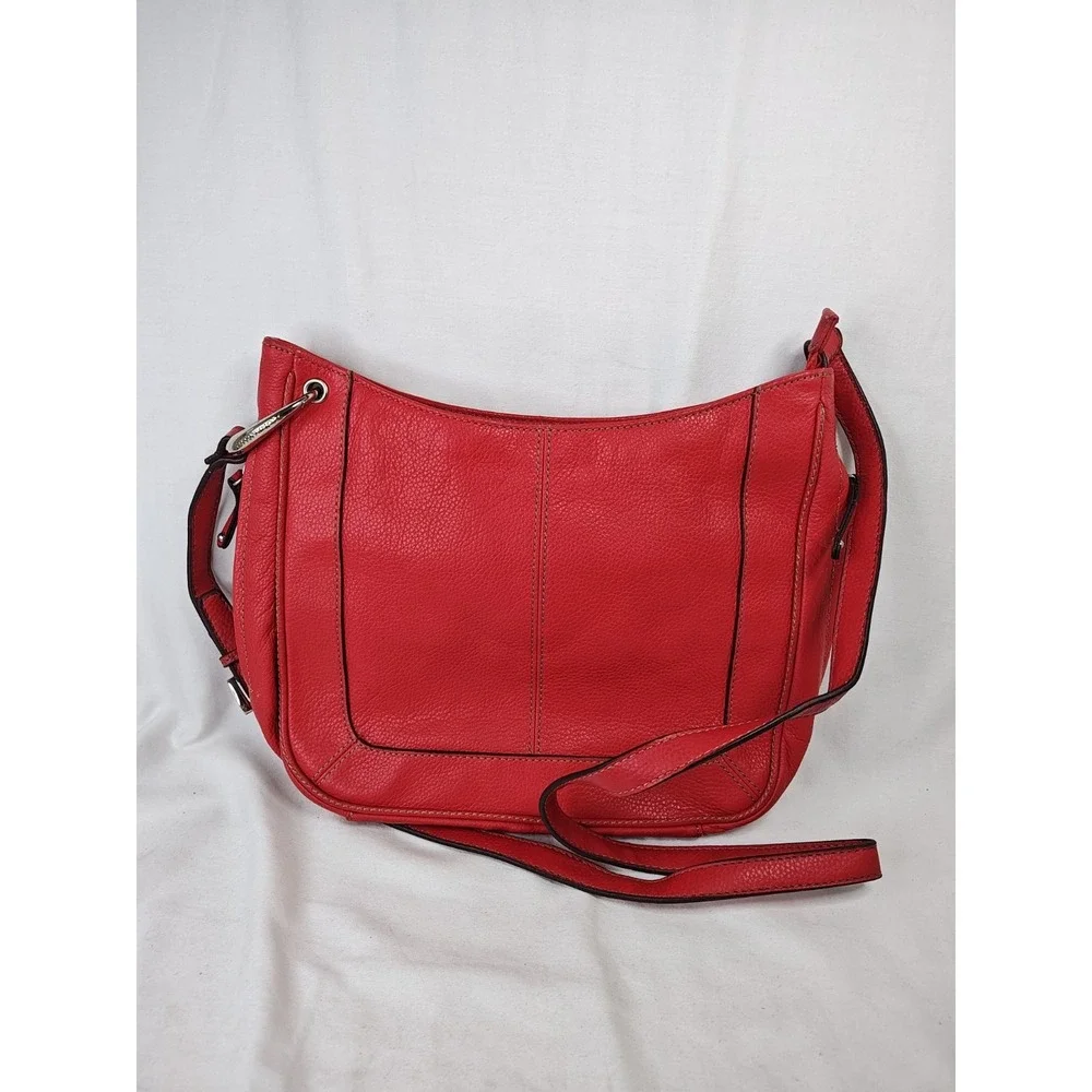 Tignanello Red Pebbled Leather Organizer Crossbody Shoulder Bag Silver Hardware